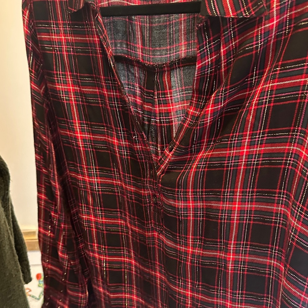 LOFT outlet Red and Black Checkered Top with metallic stitching